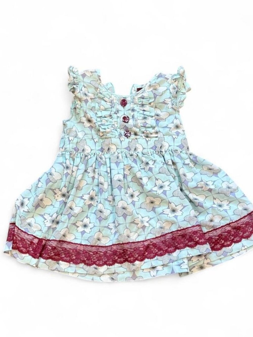 Matilda Jane Light Blue Floral Dress with Red Lace Trim 2T